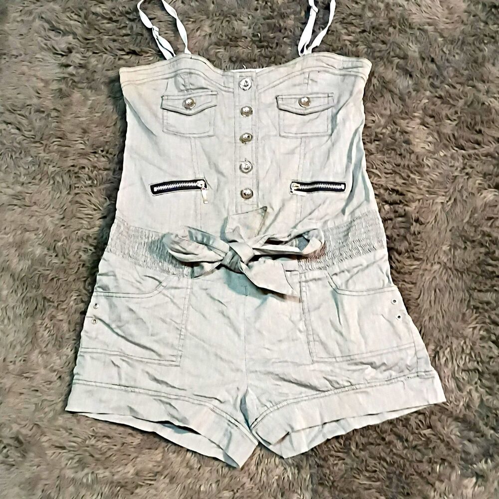 Icon Strapless Gray Cotton Twill Romper Button Front Belted Pockets Sz M